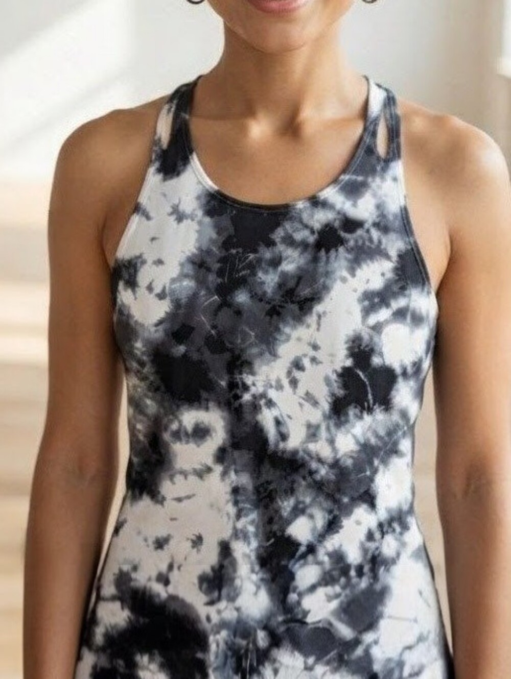 Honour Black & White Tie Dye Sleek Racerback Tank Top Versatile Casual Wear-SZ S